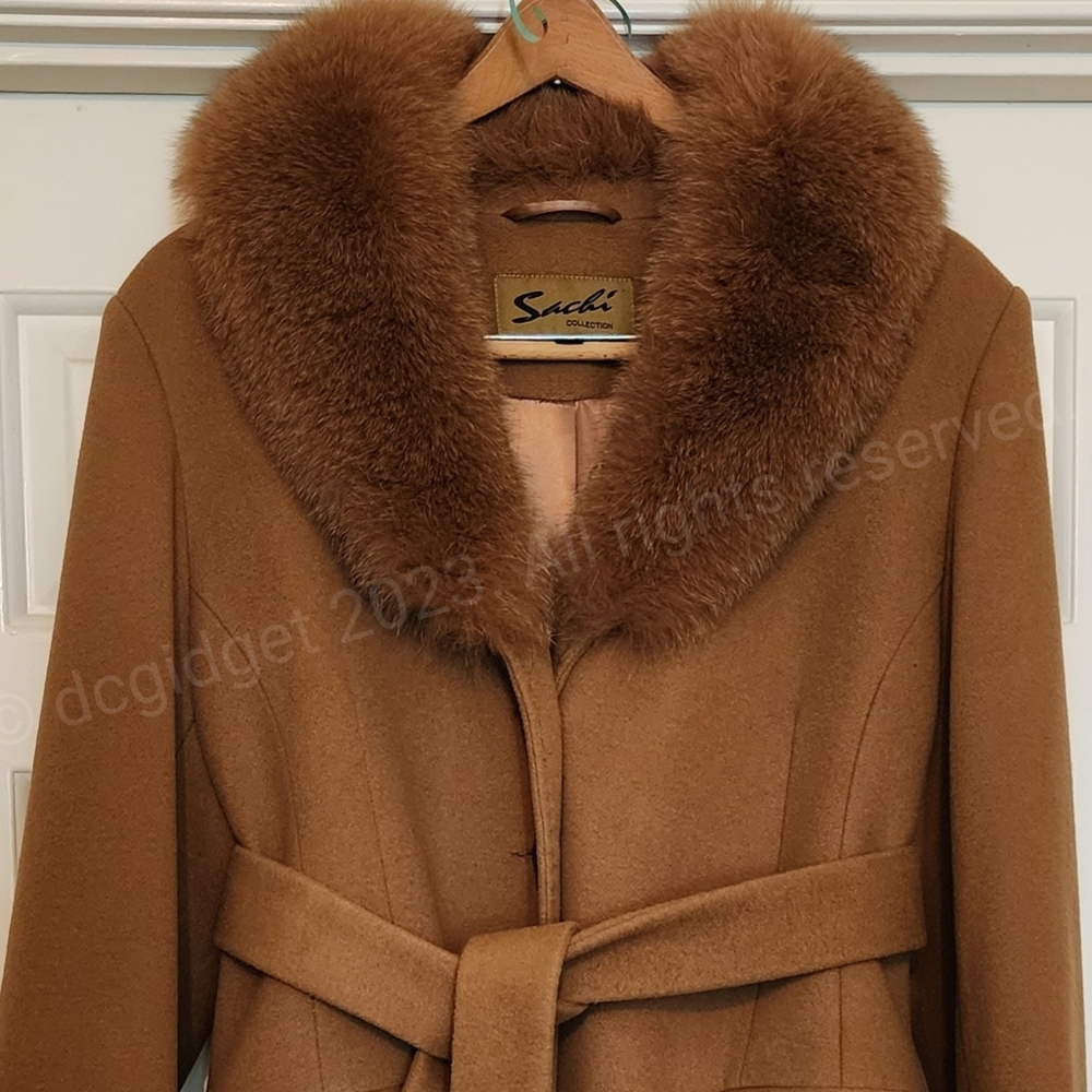Sachi Collection Belted Wool Trench Coat with Fox Fur Collar